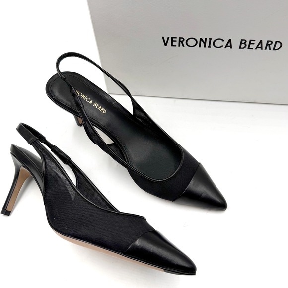 Veronica Beard Liliana Pumps Black Pointed Toe Mesh Slingback Heels Size 6.5